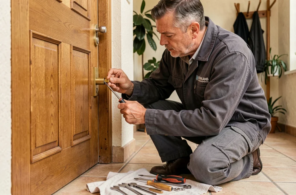 Serrurier de Cartron Serrurerie installant une serrure haute sécurité sur une porte en chêne dans une maison du Loir-et-Cher