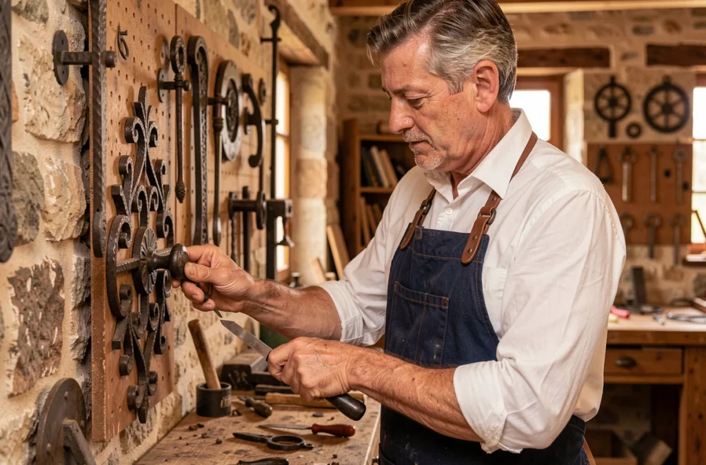 Artisan des Compagnons du Loir et Cher Fischer finissant à la main une poignée en fer forgé dans un atelier traditionnel