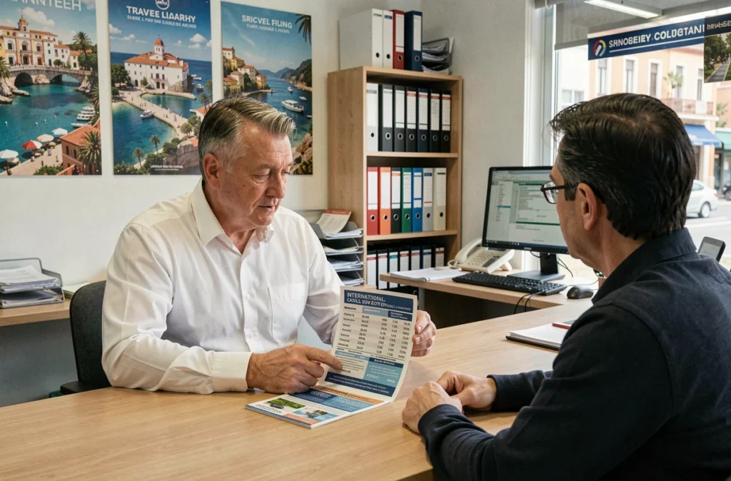 Conseiller téléphonique expliquant les frais d'appel internationaux vers l'Espagne avec l'indicatif 34 à un client en agence