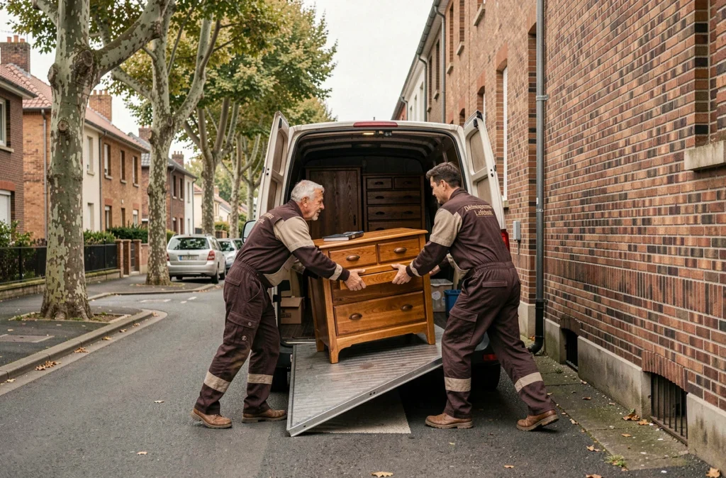 Déménageurs Lefebvre chargeant une commode en bois dans leur camion dans une rue résidentielle