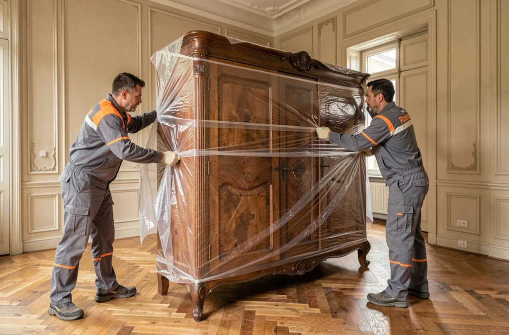 Équipe Prodem ADP emballant une grande armoire ancienne dans un appartement parisien