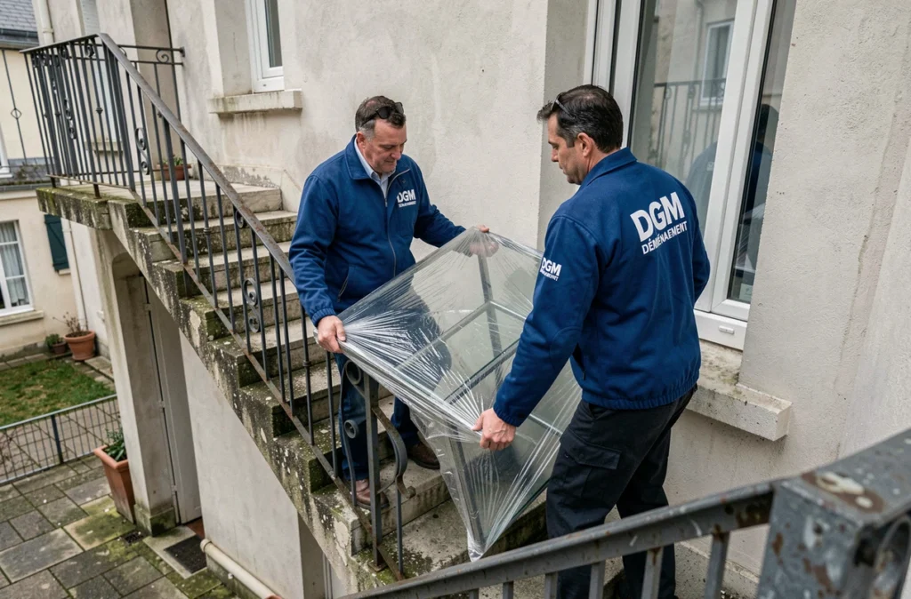 Deux déménageurs DGM Déménagement descendant une table en verre dans un escalier extérieur