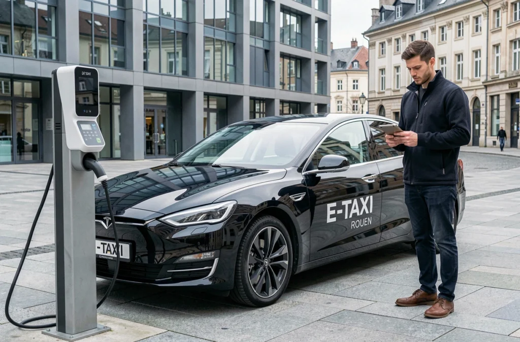 Un chauffeur d'E-Taxi Rouen à côté de sa berline électrique en charge dans une place urbaine moderne de Rouen