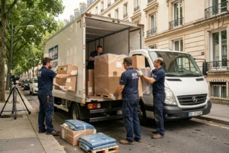 Équipe de déménageurs professionnels chargeant un camion dans une rue de Seine-Saint-Denis
