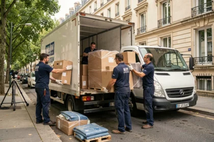 Équipe de déménageurs professionnels chargeant un camion dans une rue de Seine-Saint-Denis
