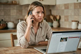 Femme consultant son smartphone avec une expression perplexe en cherchant l'indicatif téléphonique 34 pour appeler l'Espagne