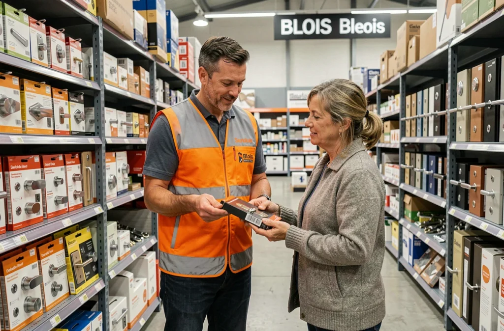 Employé du Forum du Bâtiment Quincaillerie Blois conseillant une cliente dans le rayon serrurerie du magasin