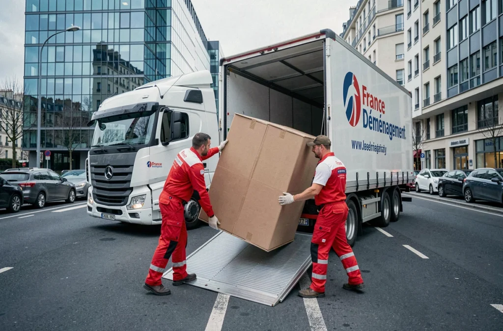 Camion France Déménagement chargé par des déménageurs en uniforme dans une rue parisienne