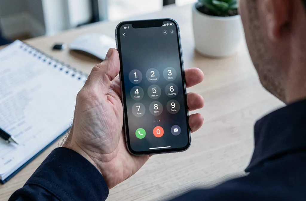 Gros plan sur un smartphone affichant le numéro de téléphone international +34 pour appeler l'Espagne depuis la France