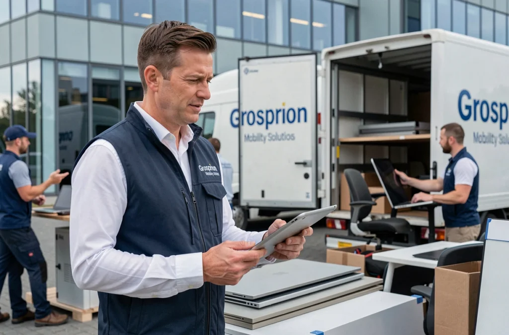 Manager Grospiron Mobility Solutions supervisant le déménagement de bureaux d'entreprise