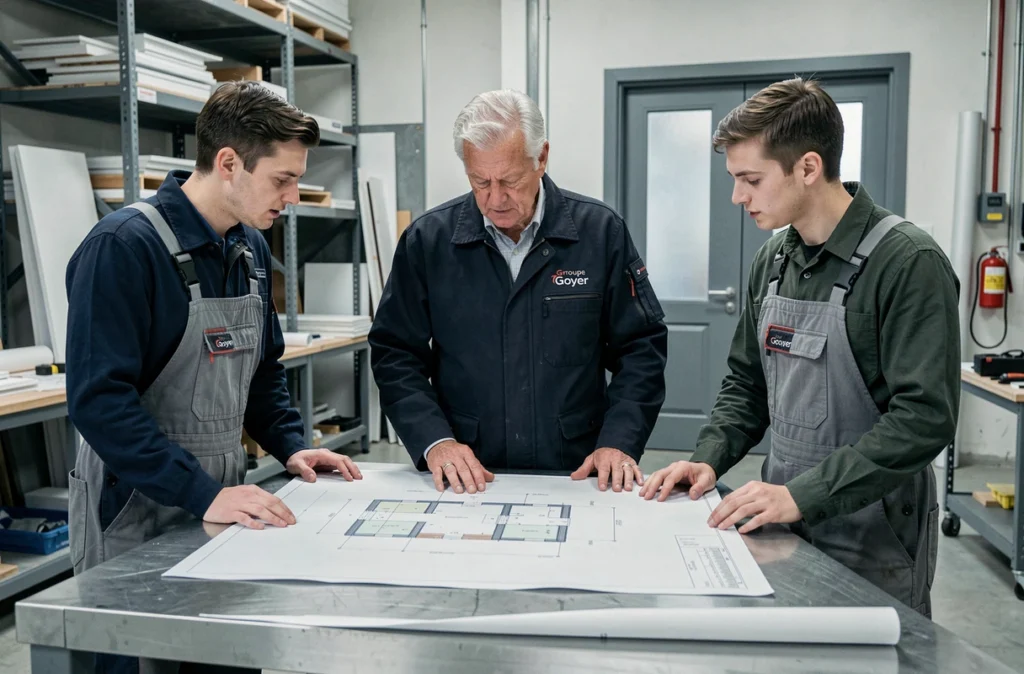 Manager du Groupe Goyer supervisant des plans de sécurité avec son équipe dans un atelier professionnel