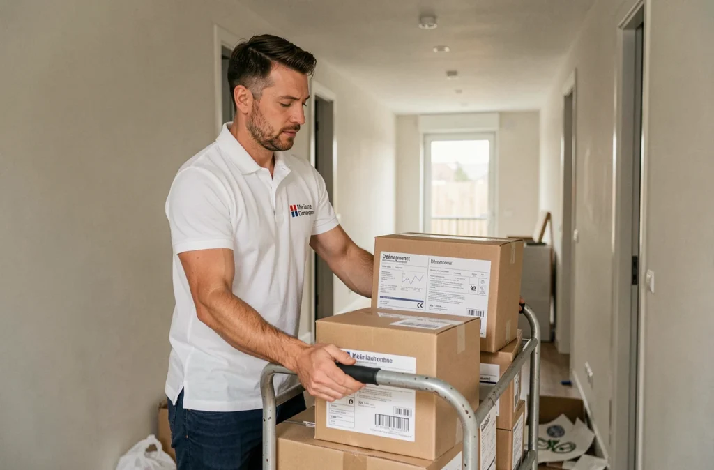 Déménageur Marianne Déménagement empilant des cartons dans le couloir d'un appartement moderne