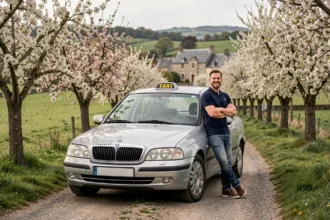 Un chauffeur de taxi normand souriant appuyé contre sa voiture sur une route bordée de pommiers en fleurs en Normandie