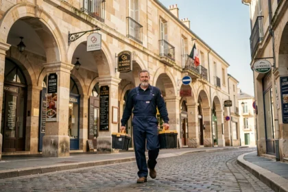 Un plombier professionnel marchant dans les rues de La Rochelle avec sa boîte à outils, devant les arcades en pierre calcaire typiques de la ville