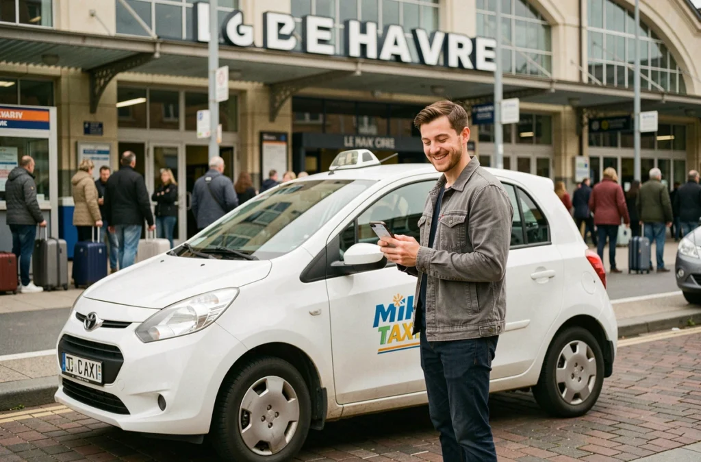 Un jeune conducteur de Mika Taxi Le Havre souriant devant la gare du Havre tenant un smartphone
