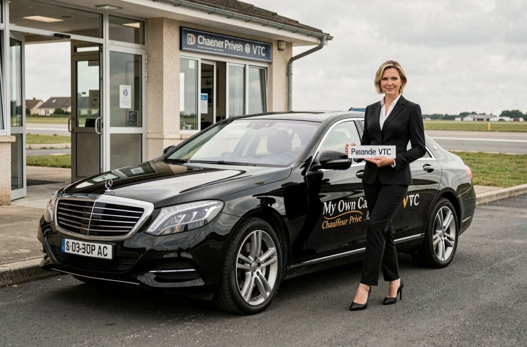 Une chauffeuse privée de My Own Car Chauffeur Privé VTC tenant un panneau nominatif devant une berline noire à un aéroport normand