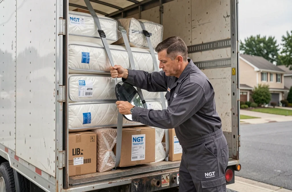 Chauffeur NGT Transport arrimant des meubles dans le camion de déménagement