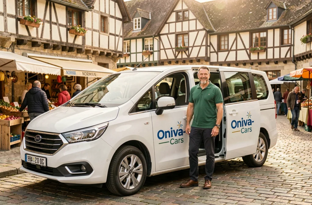Un conducteur d'Oniva-Cars devant son minivan blanc avec la porte coulissante ouverte sur une place de marché normande