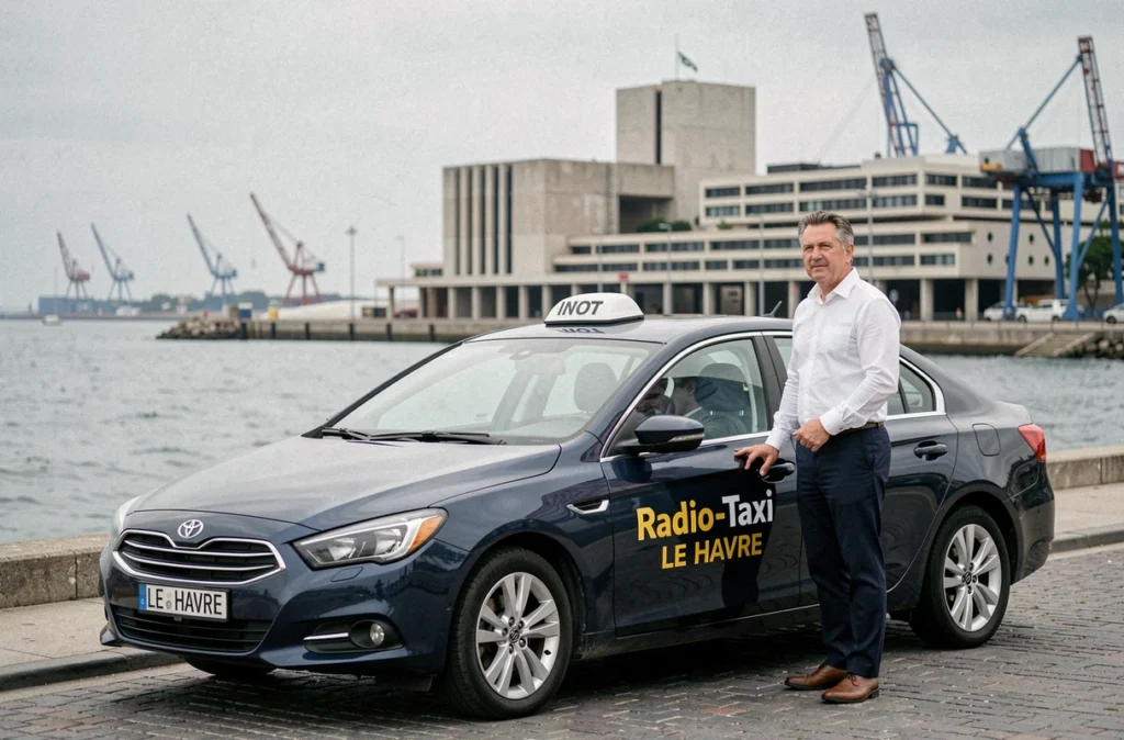 Un chauffeur de Radio-Taxi Le Havre devant le front de mer avec l'architecture moderniste du Havre en arrière-plan