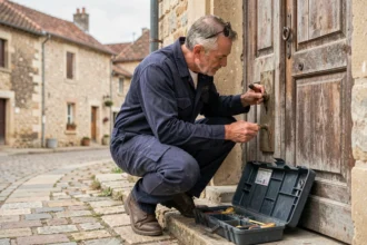 Serrurier professionnel examinant une serrure ancienne sur une porte en bois d'une maison en pierre dans le Loir-et-Cher