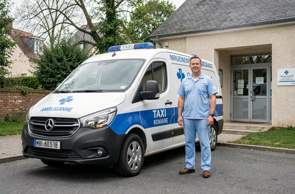 Un conducteur de Taxi Ambulance Romain en uniforme bleu devant le véhicule de transport médical à l'entrée d'un hôpital normand