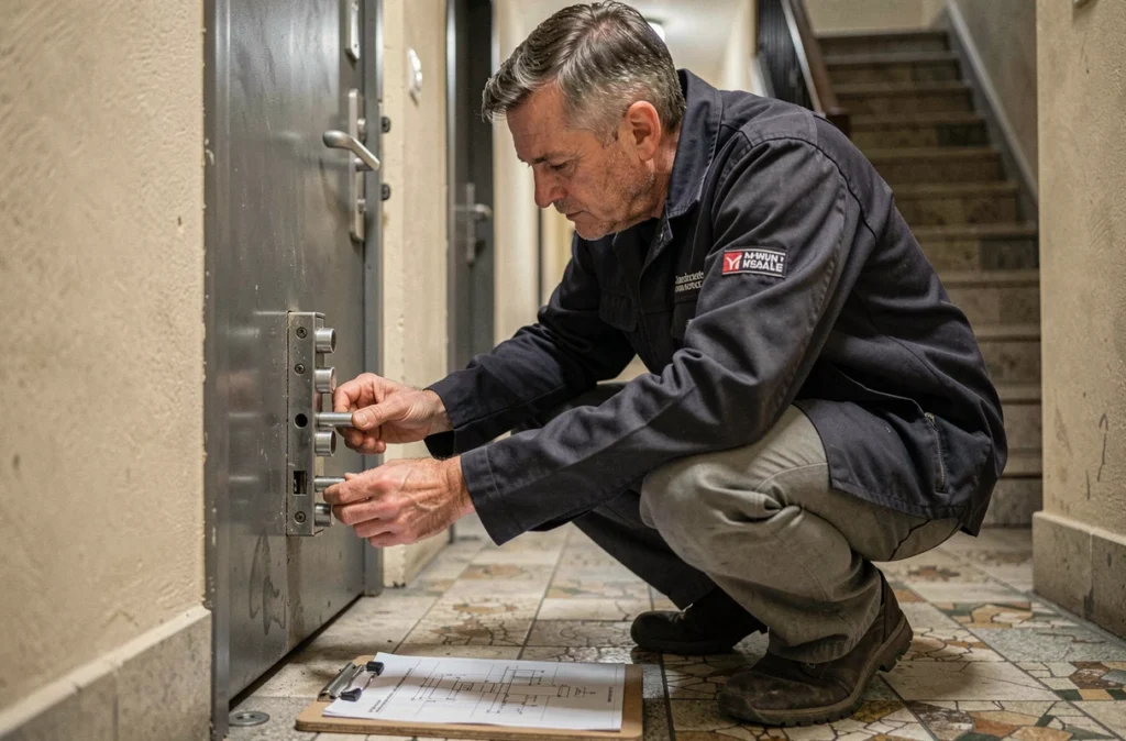 Serrurier de T.M.S. ajustant un système de verrouillage multipoints sur une porte blindée dans un immeuble