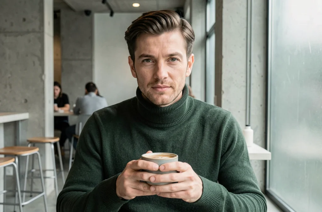 Portrait en café moderne d'un homme au regard énigmatique illustrant la fascination pour l'identité et la vie privée
