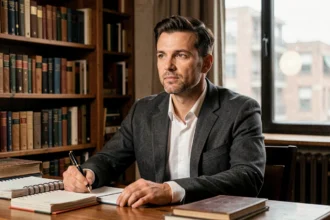 Portrait d'un homme mystérieux à son bureau évoquant l'intimité et la vie privée d'une personnalité publique