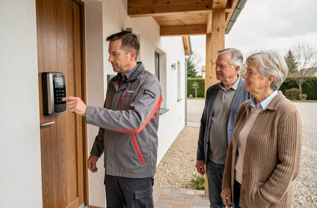 Technicien Vachette Help Depanne présentant un système de serrure connectée à des propriétaires devant leur maison