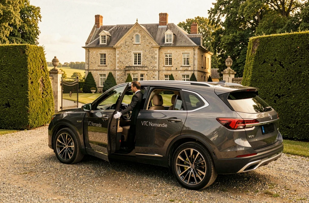 Un chauffeur VTC Normandie en costume tenant la portière d'un SUV premium devant un manoir normand