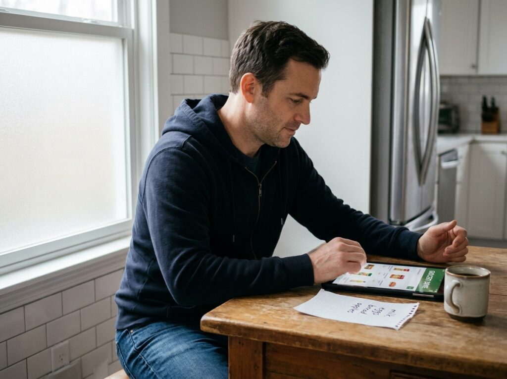 Homme planifiant ses courses en ligne sur une tablette avec liste de courses dans une cuisine moderne